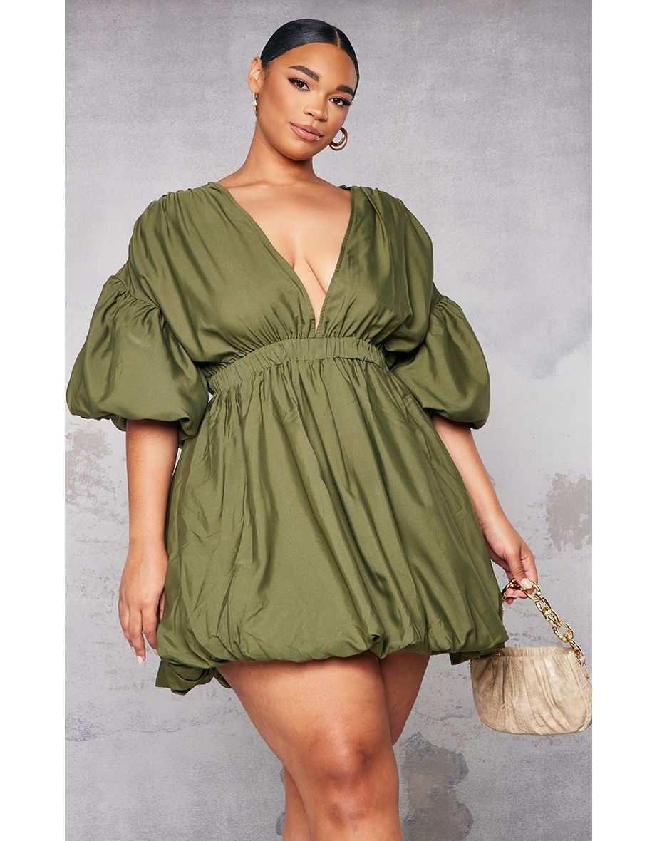 Prettylittlething plus khaki puff puffball hem shirt dress in green_18