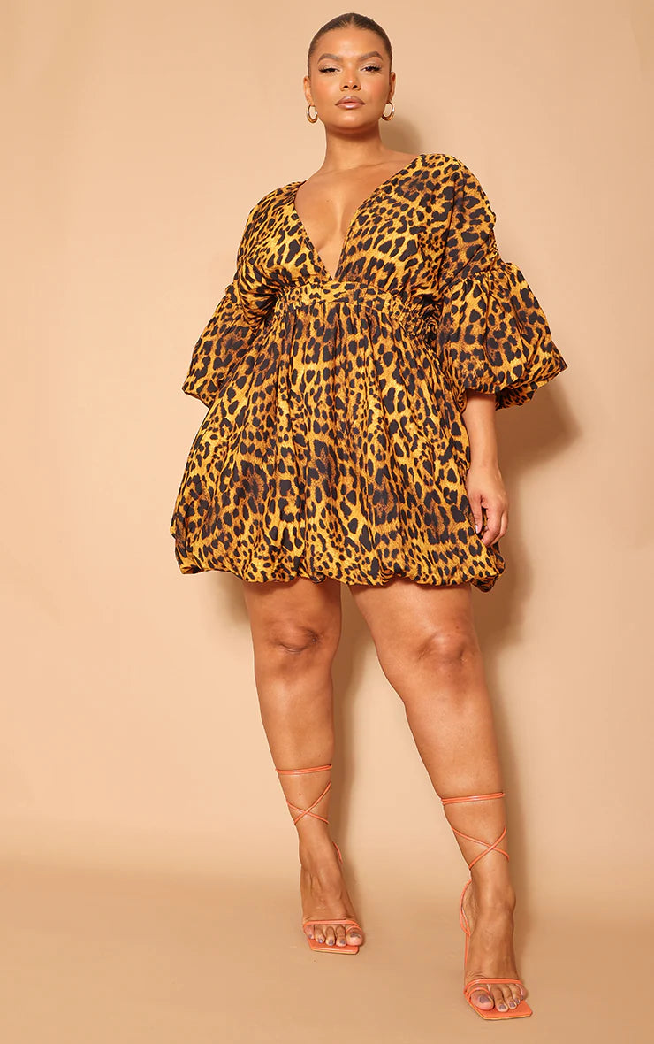 Prettylittlething leopardpuff sleevepuffball hem dress in brown