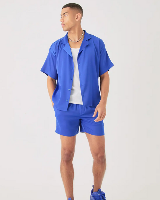 Boohooman Ss Boxy Satin Shirt & Short Set