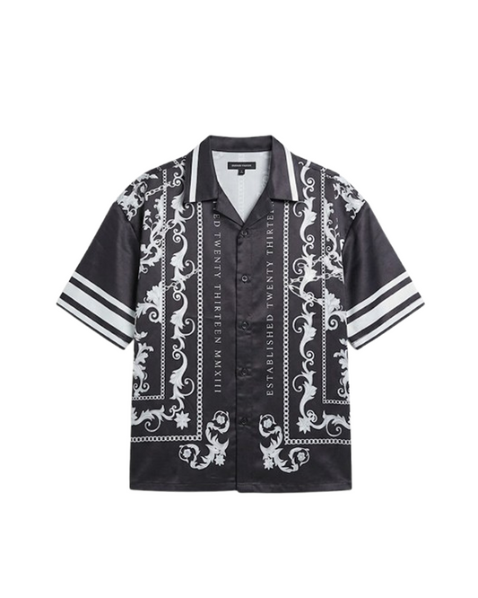 Boohooman Satin Oversized Resvere Staue Border Shirt
