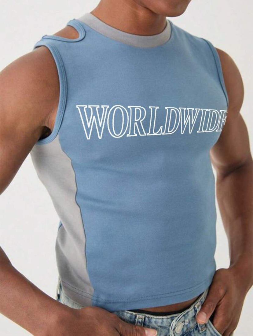 Shrunken worldwide cut panel interlock vest tank top in blue