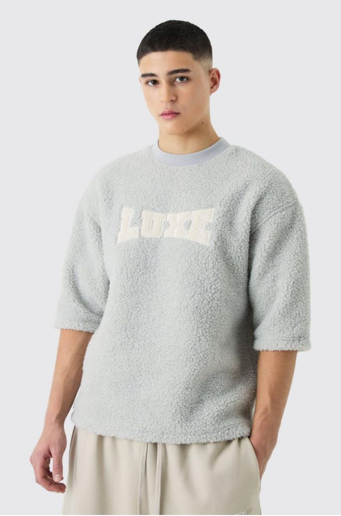 Plus oversized half sleeve applique borg t shirt in grey