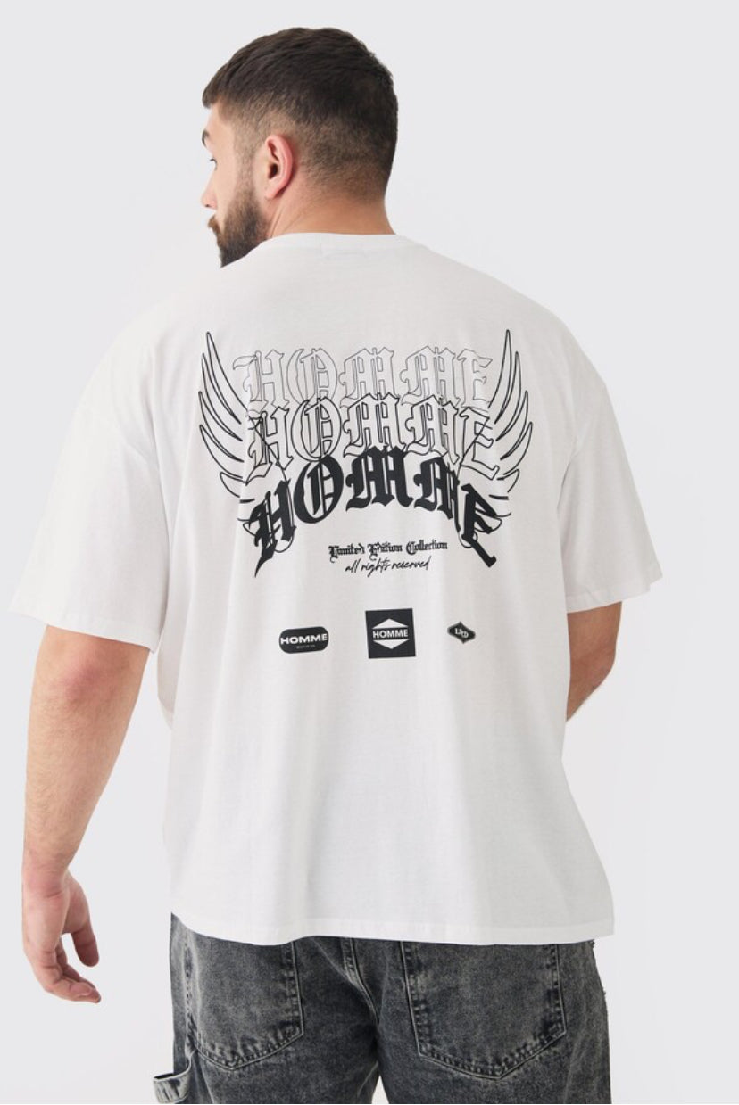 Plus oversized homme moto racing overdye t shirt in white
