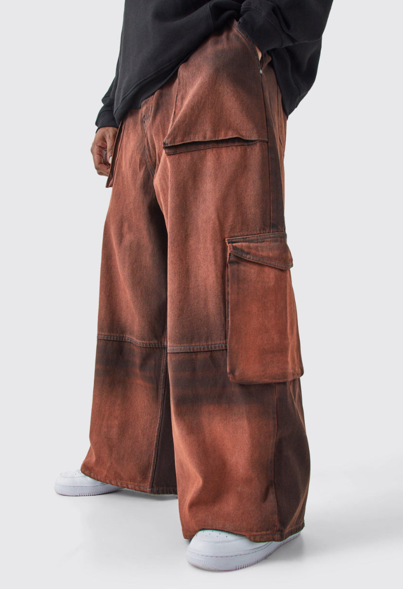 Overdyed parachute cargo jeans in beige