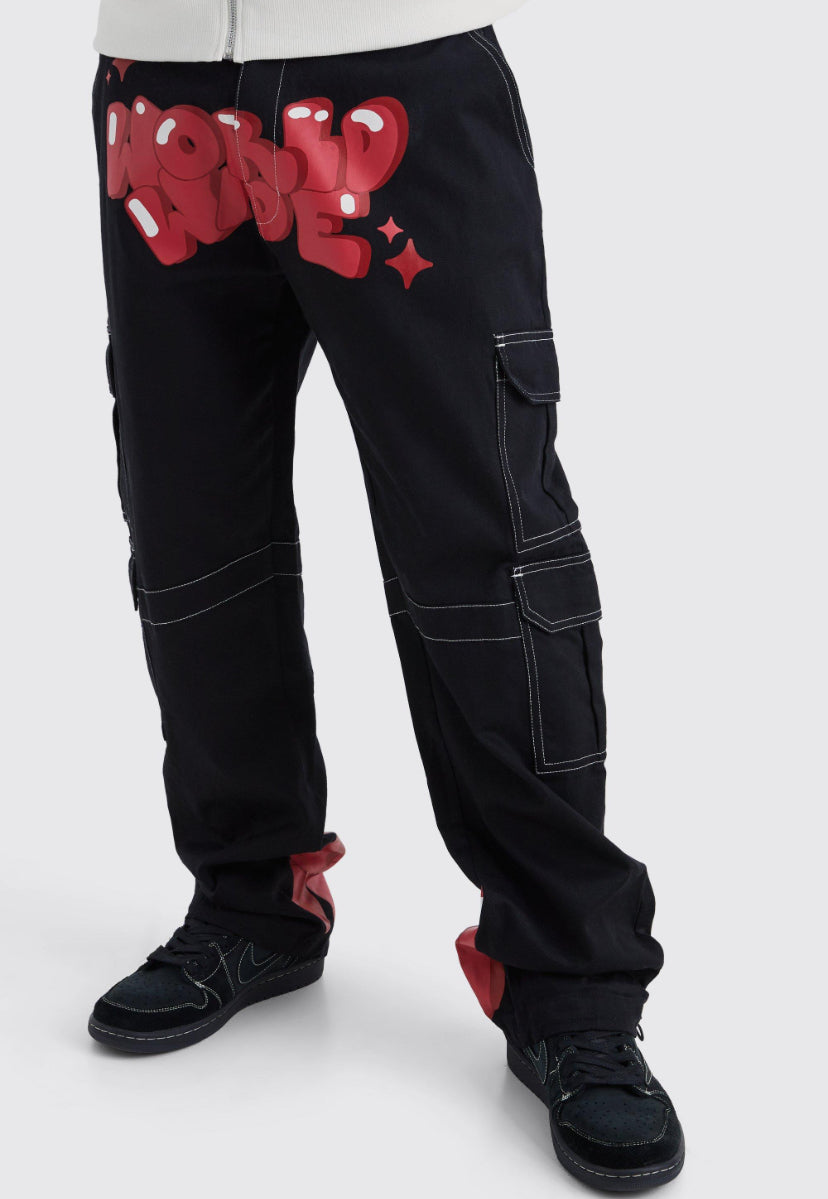Tall relaxed cargo graffiti print trouser in black