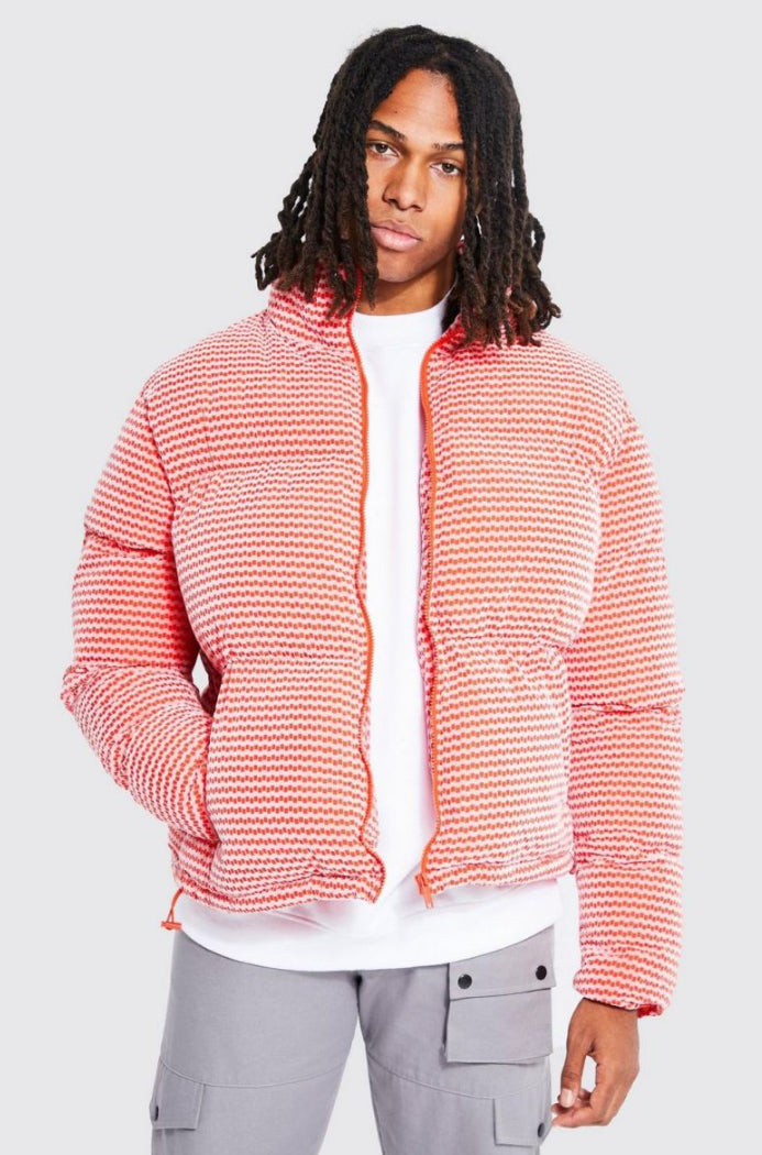 Velvet 2 tone check funnel neck puffer jacket in orange