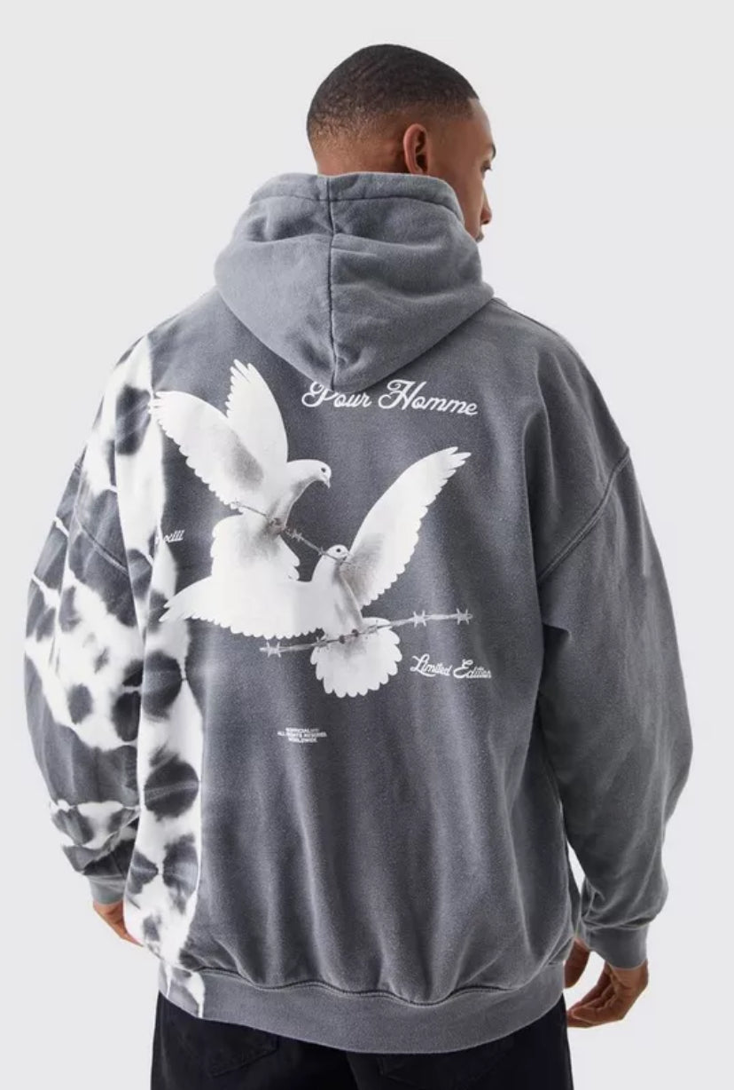 PLUS OVERSIZED BLEACH TIE DYE GRAPHIC HOODIE IN GREY