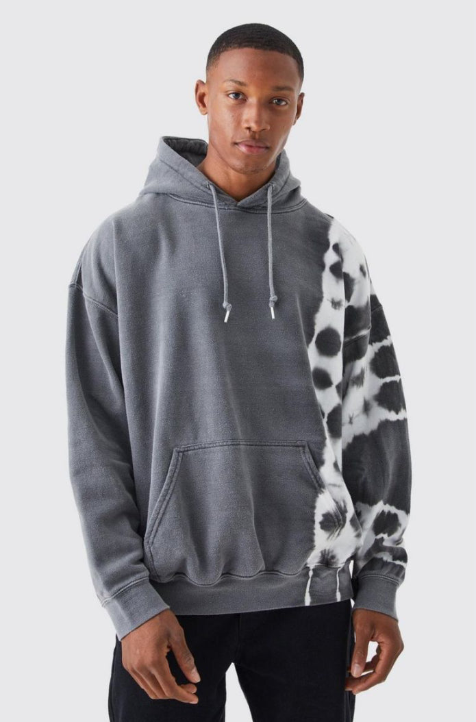 PLUS OVERSIZED BLEACH TIE DYE GRAPHIC HOODIE IN GREY