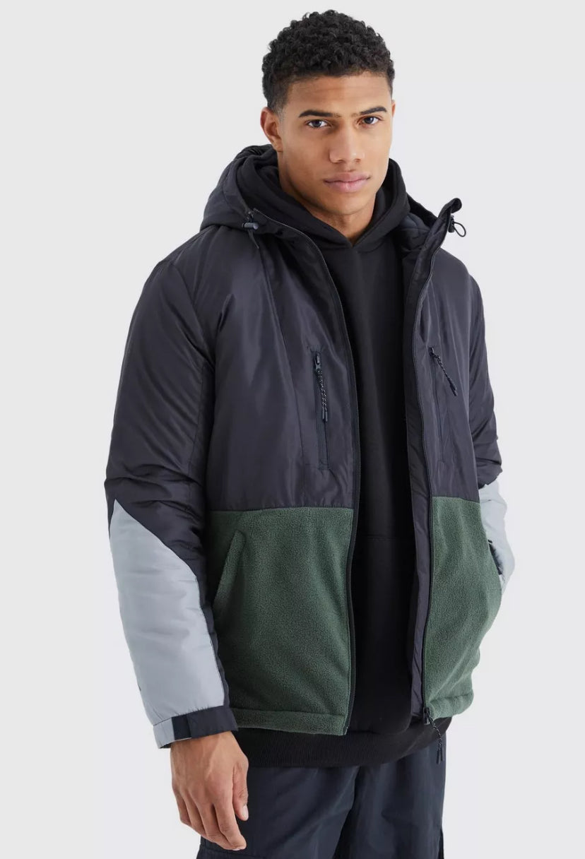 Relaxed colour block polar fleece jacket in black