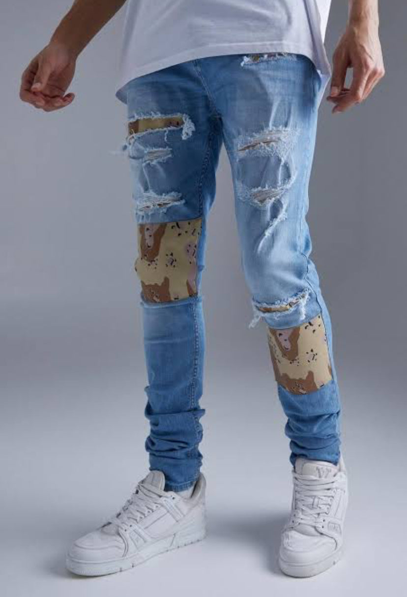 Tall skinny stacked rip repair camo jean in blue