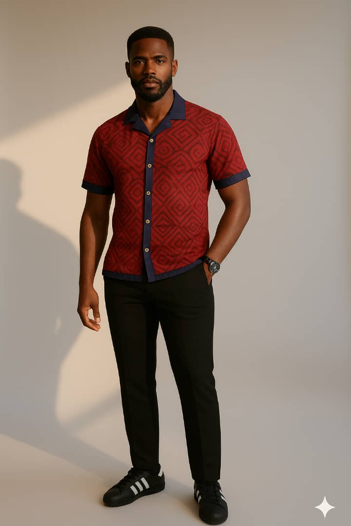 Cuban Adire shirt (with asooke lapel) - Red-Purple