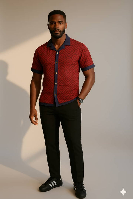Cuban Adire shirt (with asooke lapel) - Red-Purple