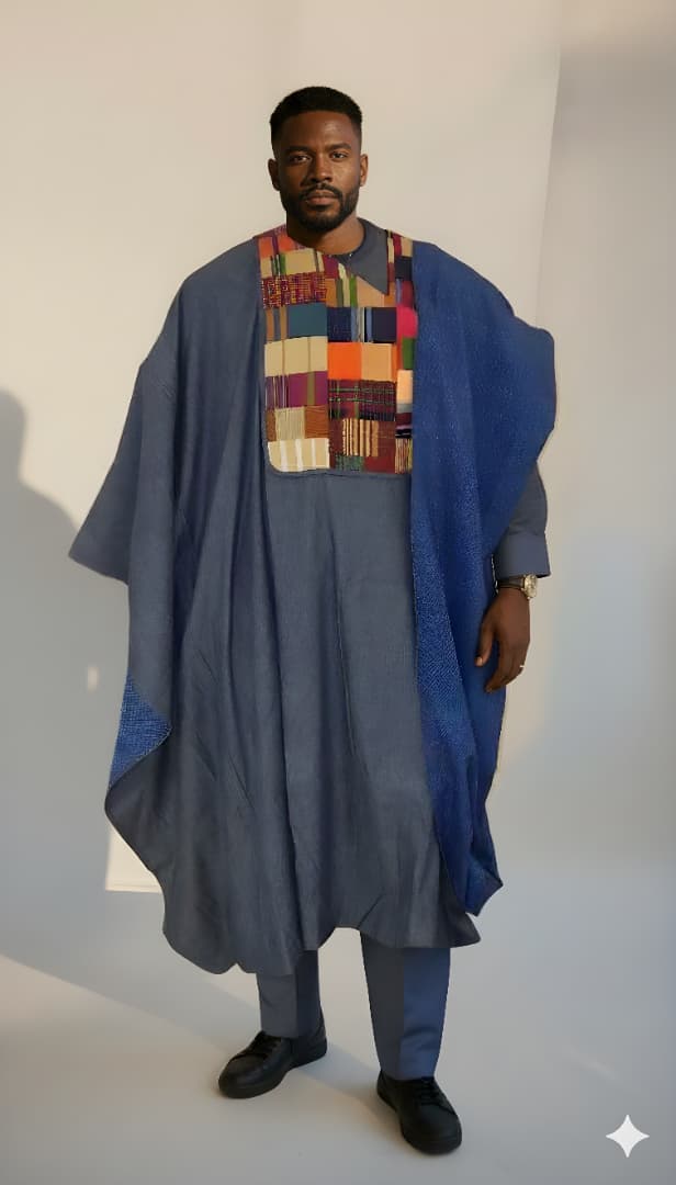 Denim Agbada with patchwork bib