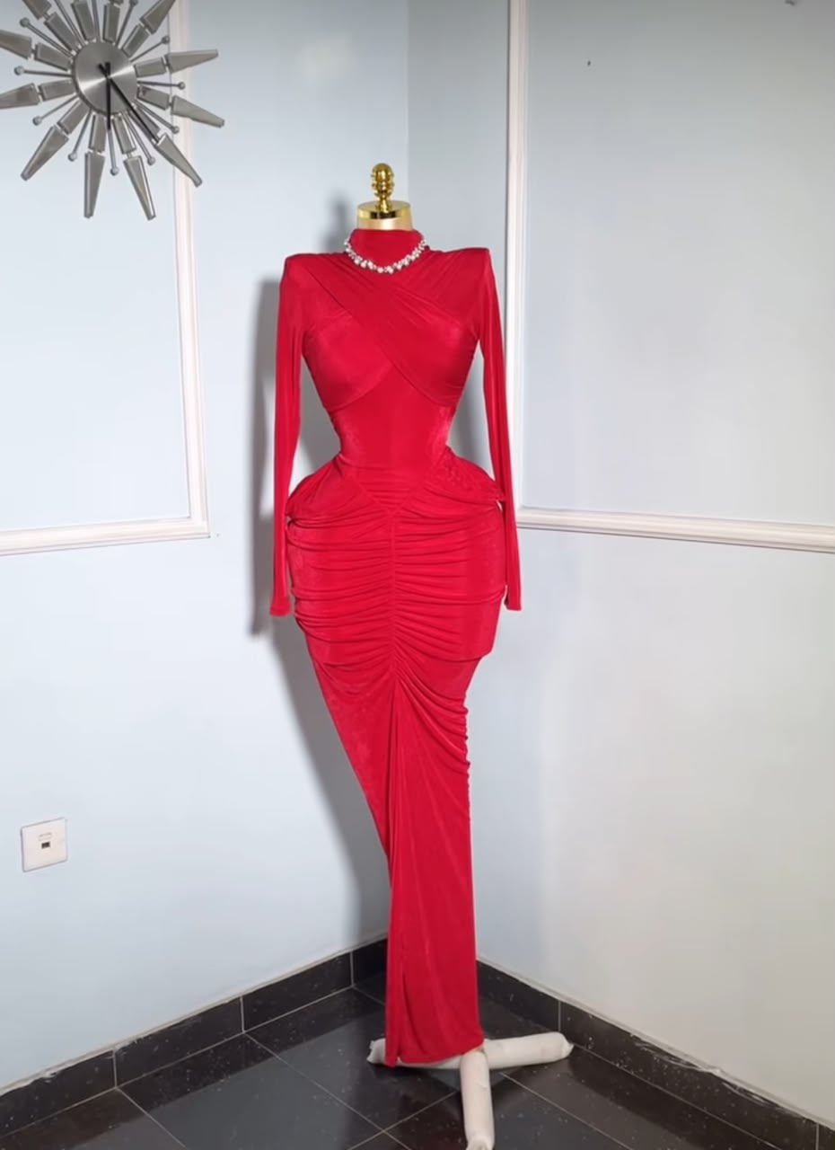Red Long Highneck Open Back, Crisscross Bust Dress
