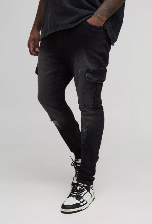 Plus skinny stretch rip repair cargo jean in black