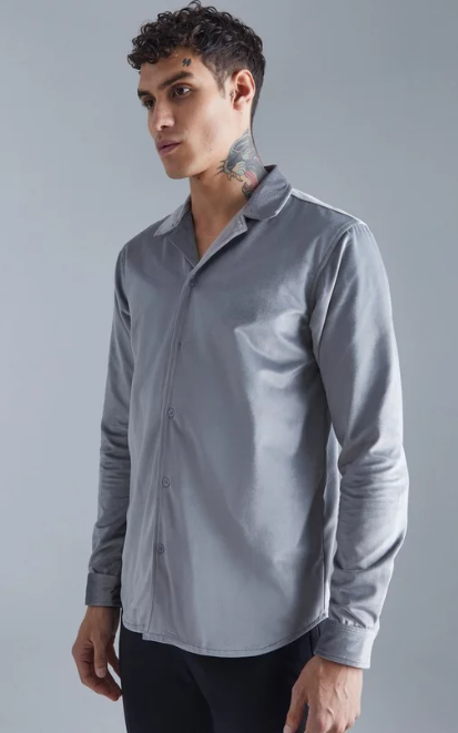 Boohooman Boxy Revere Harrington Twill Ls Overshirt In Grey
