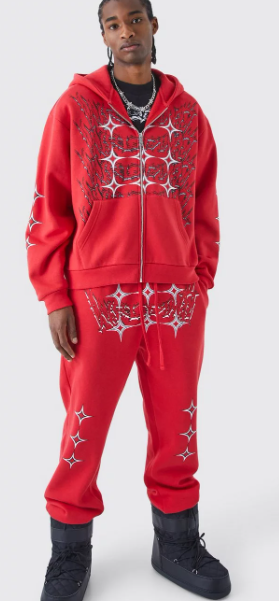 Boohooman Tall Oversized Grunge Zip Through Ear Hooded Trac Set In Red