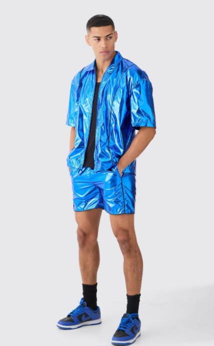 Boohooman Oversized Boxy Shirt & Short Set In Blue