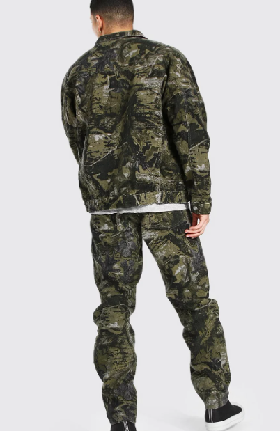 Boohooman Tall Relaxed Tie Hem Forrest Camo Cargo Trouser In Brown