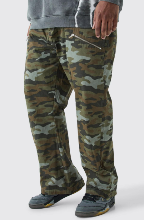 Boohooman Tall Fixed Waist Straight Leg Twill Camo Zip Gusse Trouser In Green