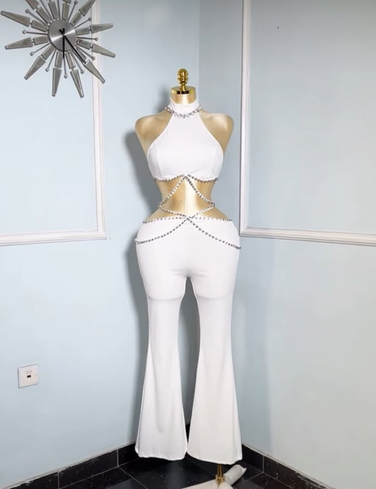 White Waist Cut Out Rhinestone Jumpsuit