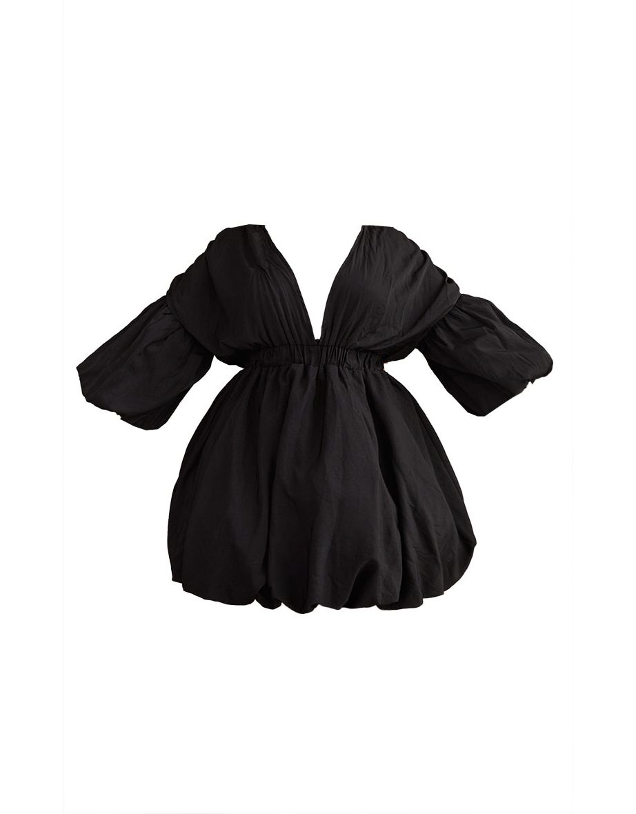 Prettylittlething plus puff sleeve puffball hem dress in black_24