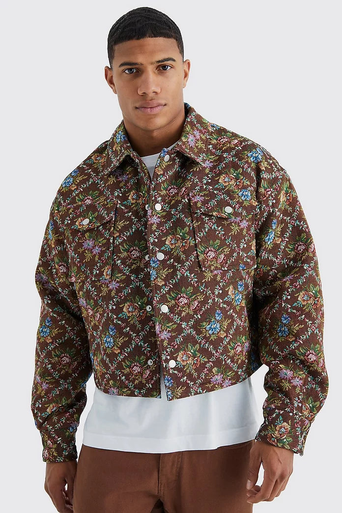 Boohooman Plus Boxy Floral Tapestry Trucker In Chocolate