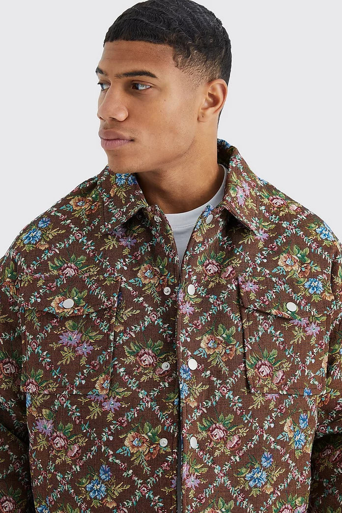Boohooman Plus Boxy Floral Tapestry Trucker In Chocolate