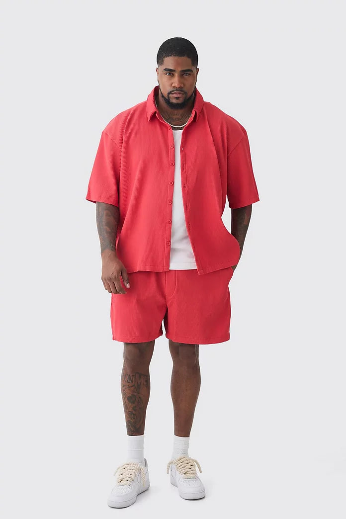 Boohooman Linen Embroidered Revere Ss Shirt In Red