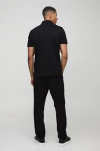 Boohooman Tall Slim Interlock Colour Block Polo In Black