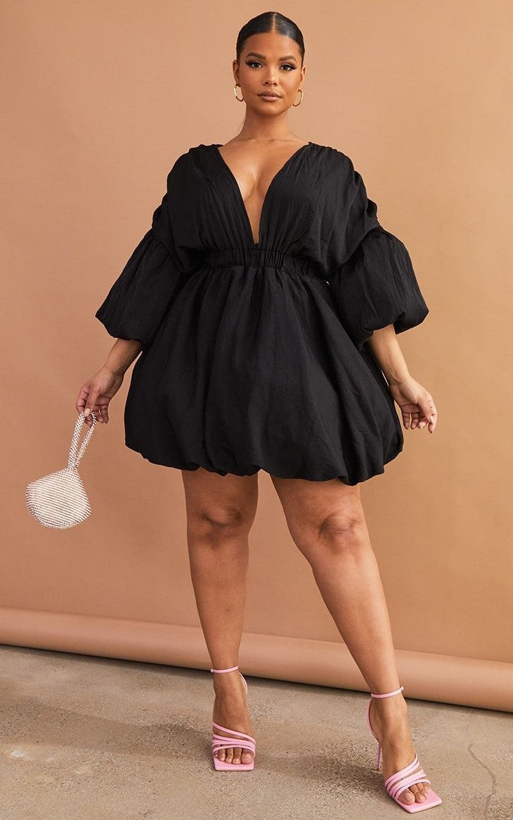Prettylittlething plus puff sleeve puffball hem dress in black_24