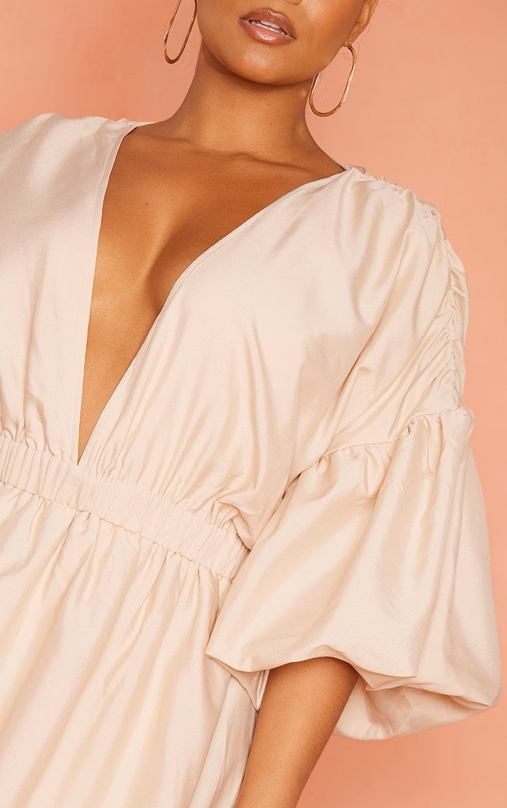 Prettylittlething Plus Stone Sleeve Puff Puffball Hem Shift Dress Lightbrown