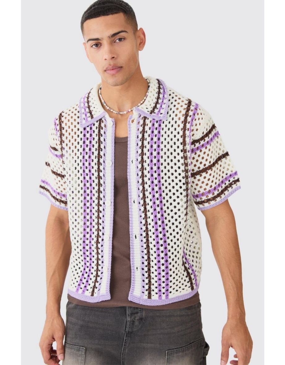 Boohooman Oversized Boxy Open Knit Stripe Ss Shirt In Multi