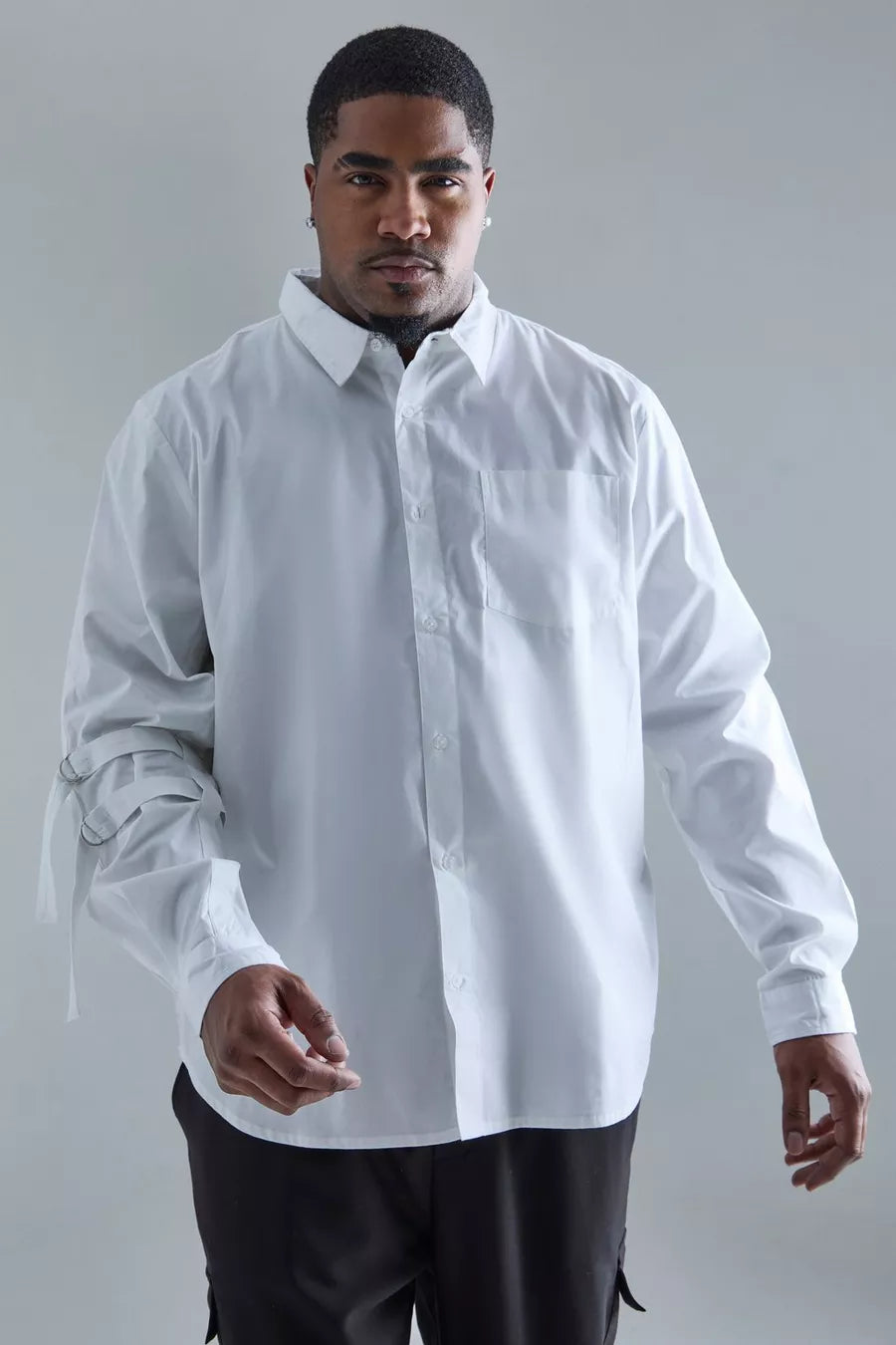 Boohoohman Twill Ls Cinch Strap Shirt In White