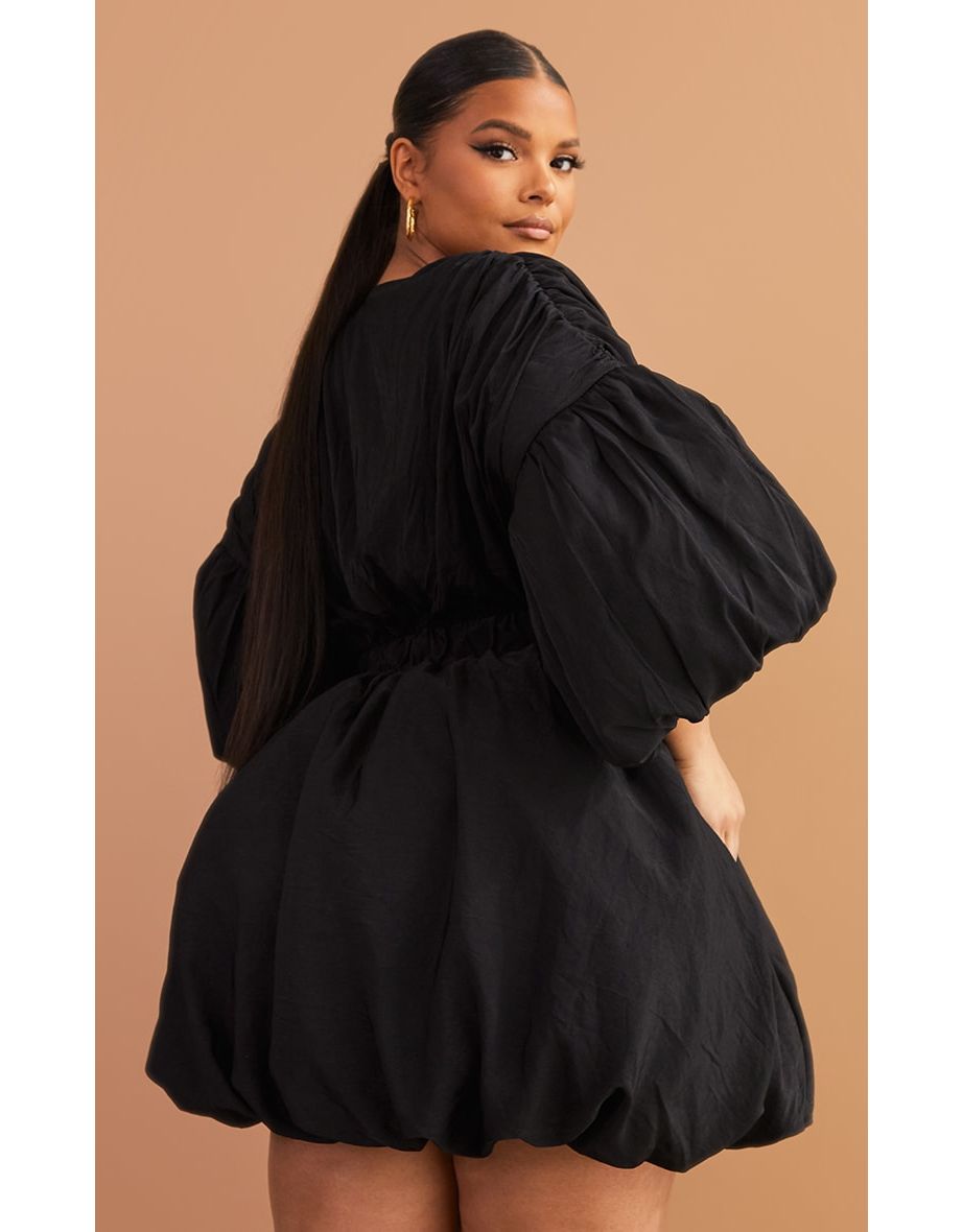Prettylittlething plus puff sleeve puffball hem dress in black_24