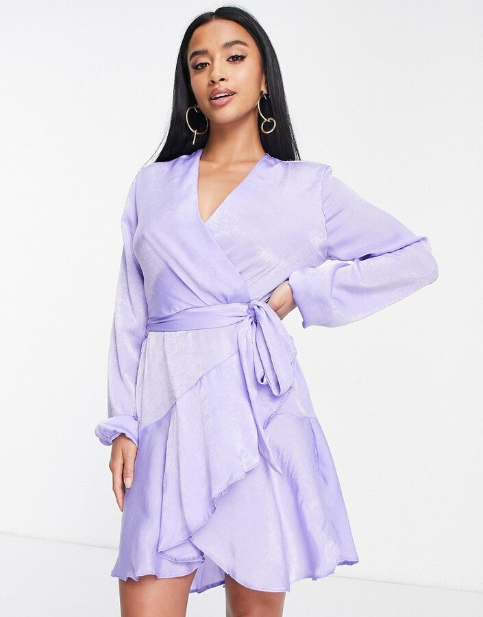 First distraction satin mini women wrap dress in lilac