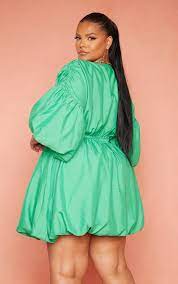 Prettylittlething Plus Bright Puff Sleeve Puffball Hem Shift Dress In Green