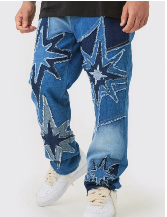 BOOHOOMAN PRINT STAR STLY MEN JEAN IN BLUE