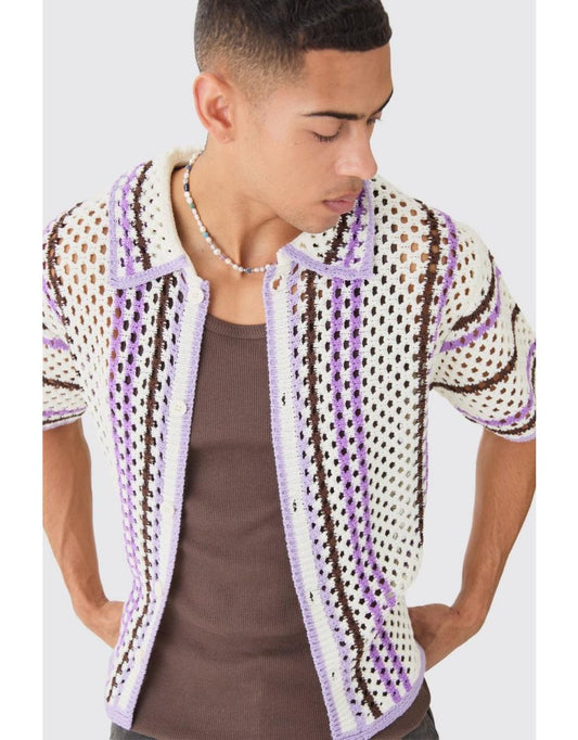 Boohooman Oversized Boxy Open Knit Stripe Ss Shirt In Multi