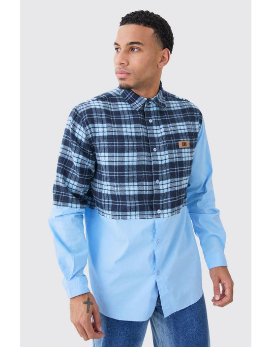 Boohooman Oversized Twill Spliced Check Ls Overshirt In Blue