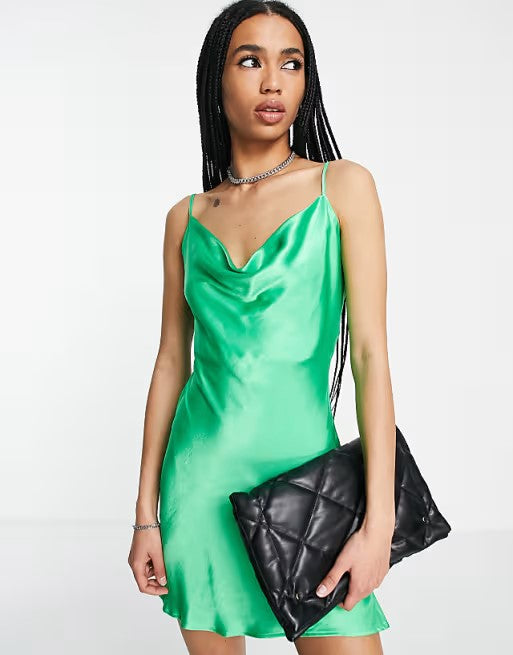 Black fashion cowl neck open back satin midi Dress