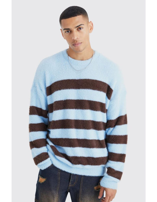 Oversized stripe fluffy jumper in blue