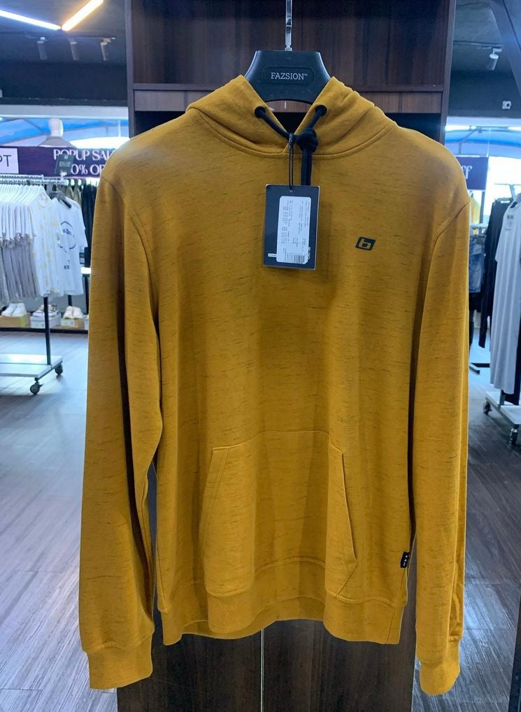 BLEND MENS PLAIN HOODIE WITH FRONT POCKET AND BLACK SLINGS IN MUSTARD