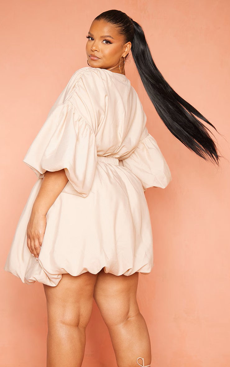 Prettylittlething Plus Stone Sleeve Puff Puffball Hem Shift Dress Lightbrown