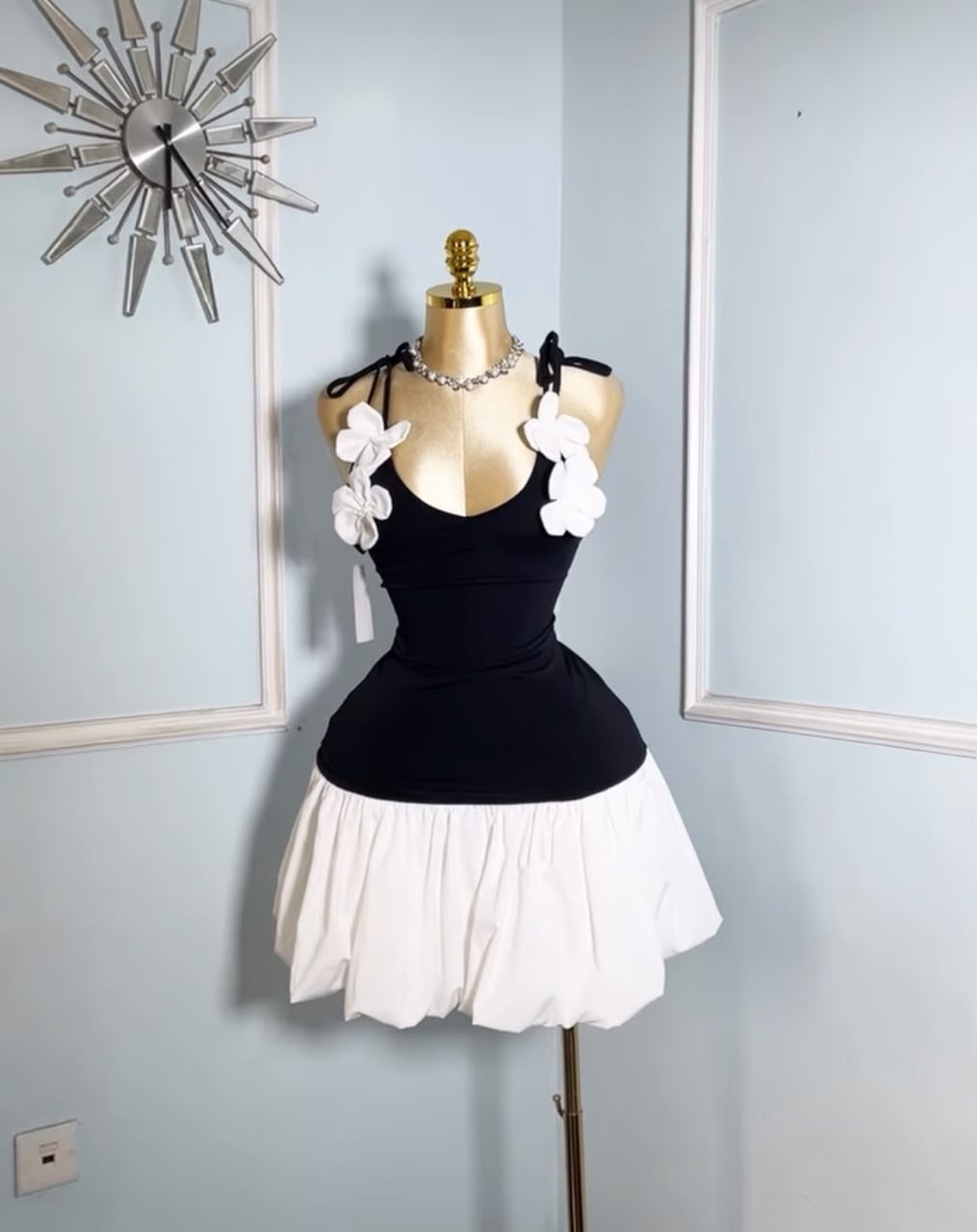 Black/White Baloon Dress with Floral Appliqué Detail
