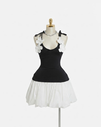 Black/White Baloon Dress with Floral Appliqué Detail