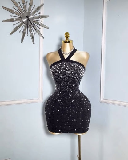 Black Halterneck Embellished Mini Dress