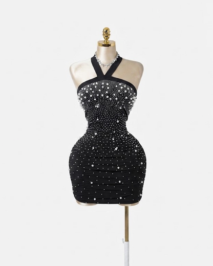 Black Halterneck Embellished Mini Dress