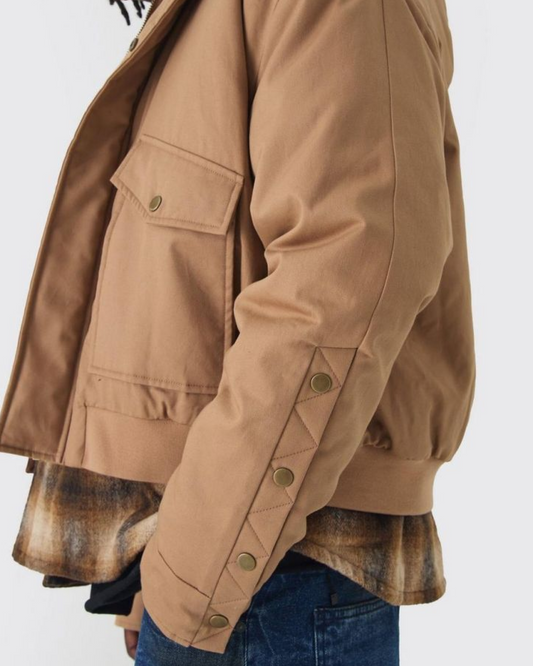 Boohooman Hooded Twill Popper Sleeve Bomber Jacket