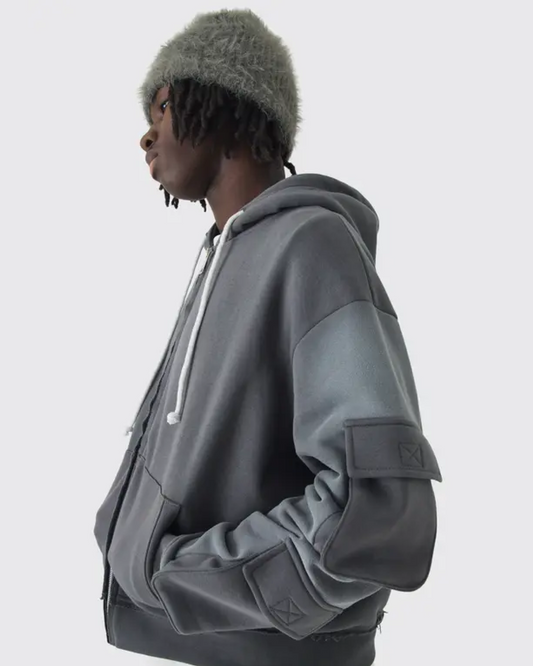 Boohooman Oversized Boxy Utillity Zip Through Brushback Hoodie